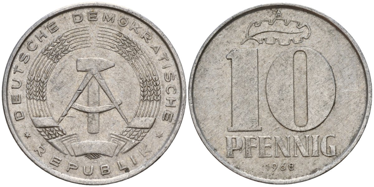 ГДР 10 пфеннигов 1968 A KM 10 алюминий 33-736