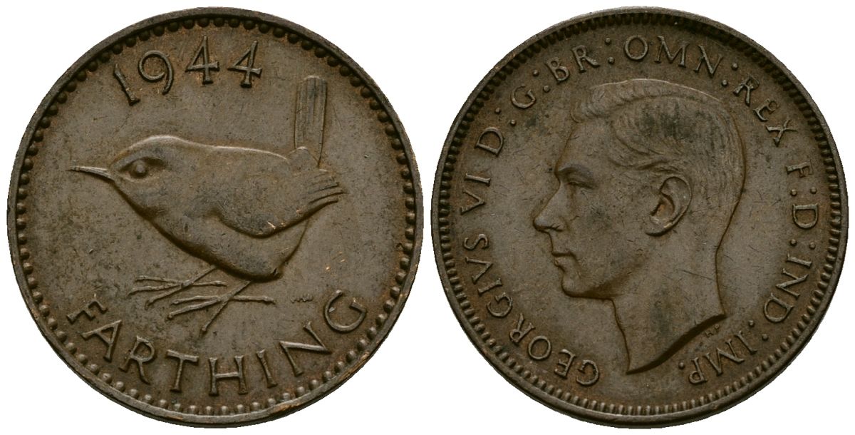 Великобритания 1 фартинг 1944 Георг VI (1936-1952) KM 843, Spink 4116 бронза 4548-1111