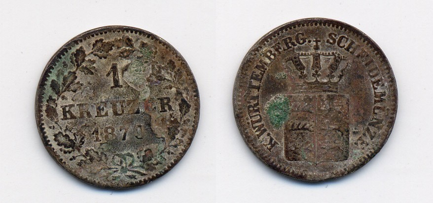 Вюртемберг 1 крейцер 1870 Карл I (1864-1891) KM 612 серебро 71-1556
