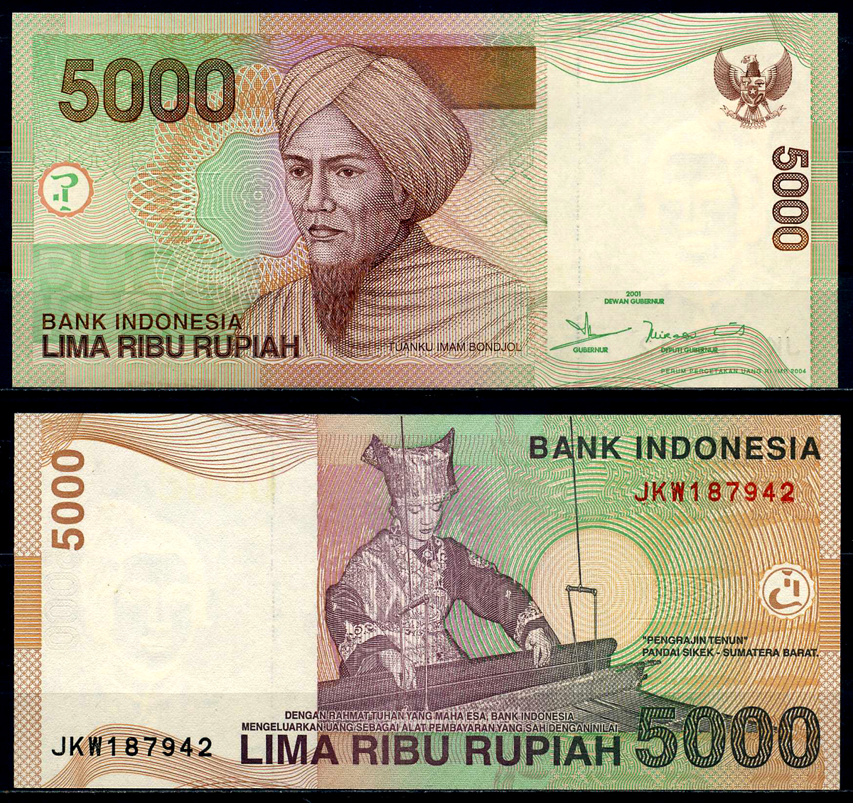 Индонезия 5000 рупий 2001/2004 Туанку Имам Бонджол, ткачиха Pick 142d бумага UNC (пресс) 7201-13-2
