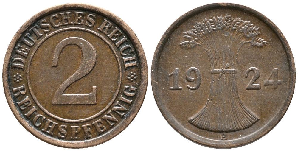 ГЕРМАНИЯ 2 РЕЙХСПФЕННИГА 1924 A KM 38, J. 314 бронза 24-721