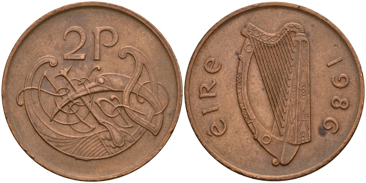 Ирландия 2 пенсов 1986 Виньетка в виде стилизованной птицы из второй библии Карла II Лысого KM 21 бронза 4140-311