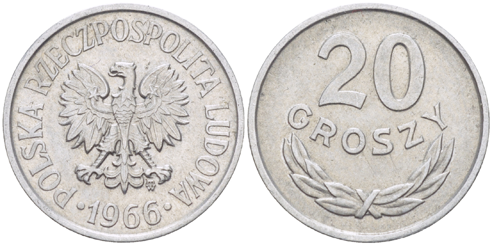 ПОЛЬША 20 ГРОШЕЙ 1966 MW KM А47, Parchimowicz 208f алюминий 216-933