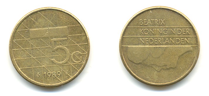 Нидерланды 5 гульденов 1989 Беатрикс (1980-2013) KM 210 никель плакированный бронзой 84-1026