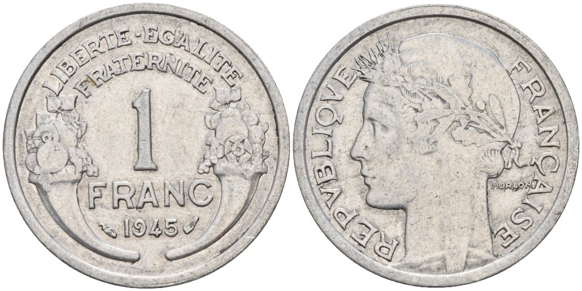 Франция 1 франк 1945 LB, тип Lourde, правительство Виши KM 902.1, LE FRANC 222.2 алюминий 4143-621