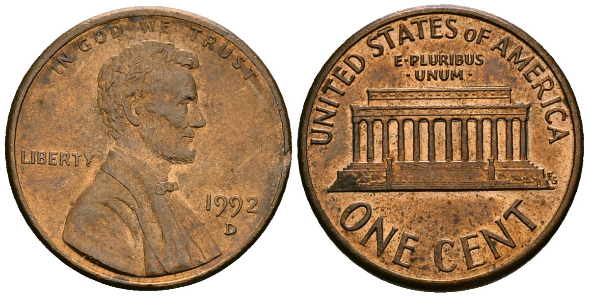 США 1 цент 1992 D, Линкольн KM 201b цинк плакированный медью 4136-342