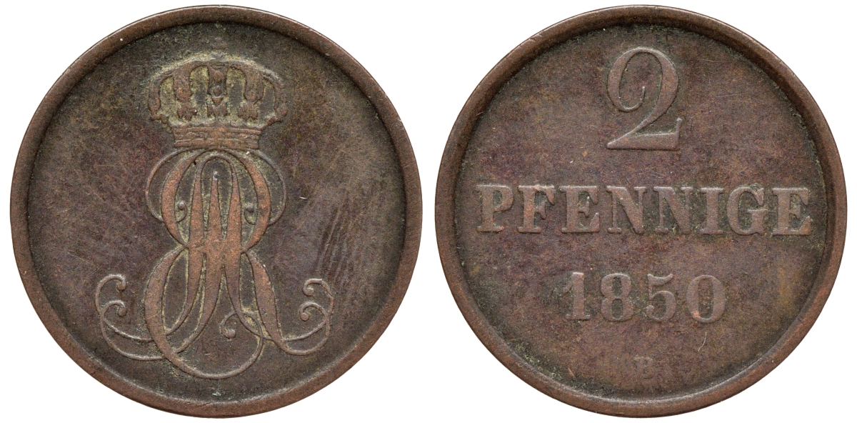 Ганновер 2 пфеннига 1850 B, Эрнст Август (1837-1851) KM 202.1, AKS 124, J. 75 медь 75-1936