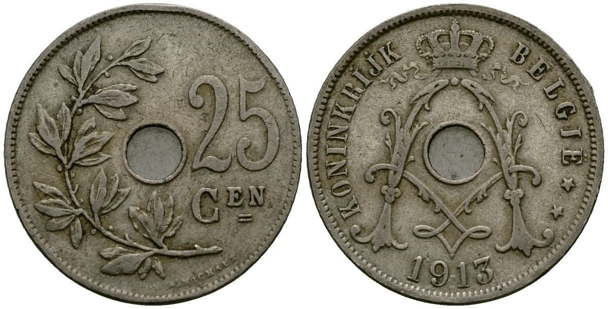 Бельгия 25 сантимов 1913 Belgie KM 69 медно-никель 4165-733