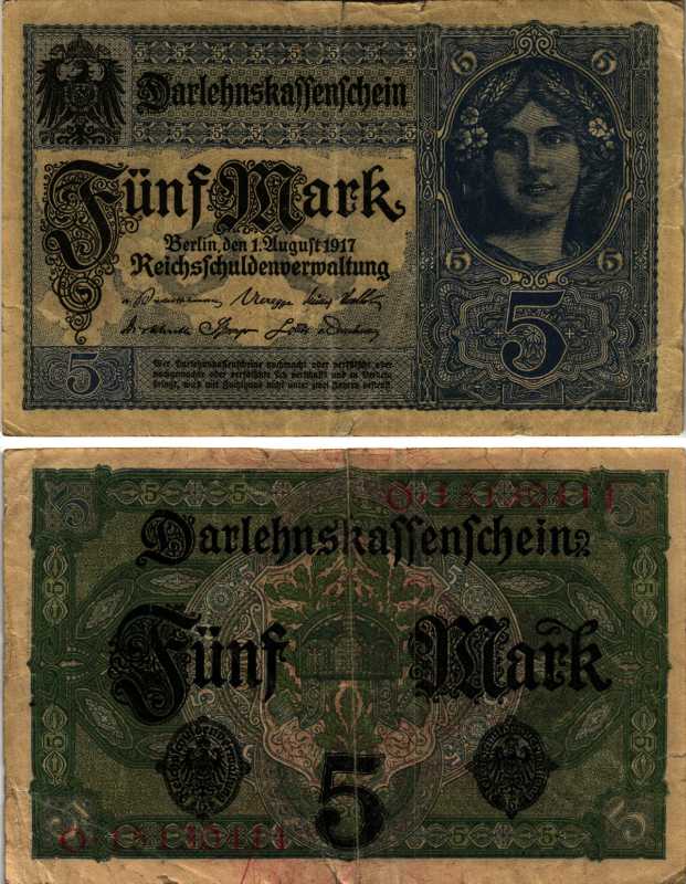 ГЕРМАНИЯ 5 МАРОК 1917 1 АВГУСТА 1917, 8 ЦИФР В НОМЕРЕ Pick 56b бумага 7487-7-1