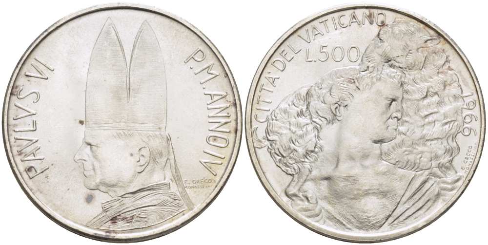 Ватикан 500 лир 1966 IV год, Иоанн XXIII (1958-1963), пастух с овечкой на плечах KM 91 серебро    4512-815