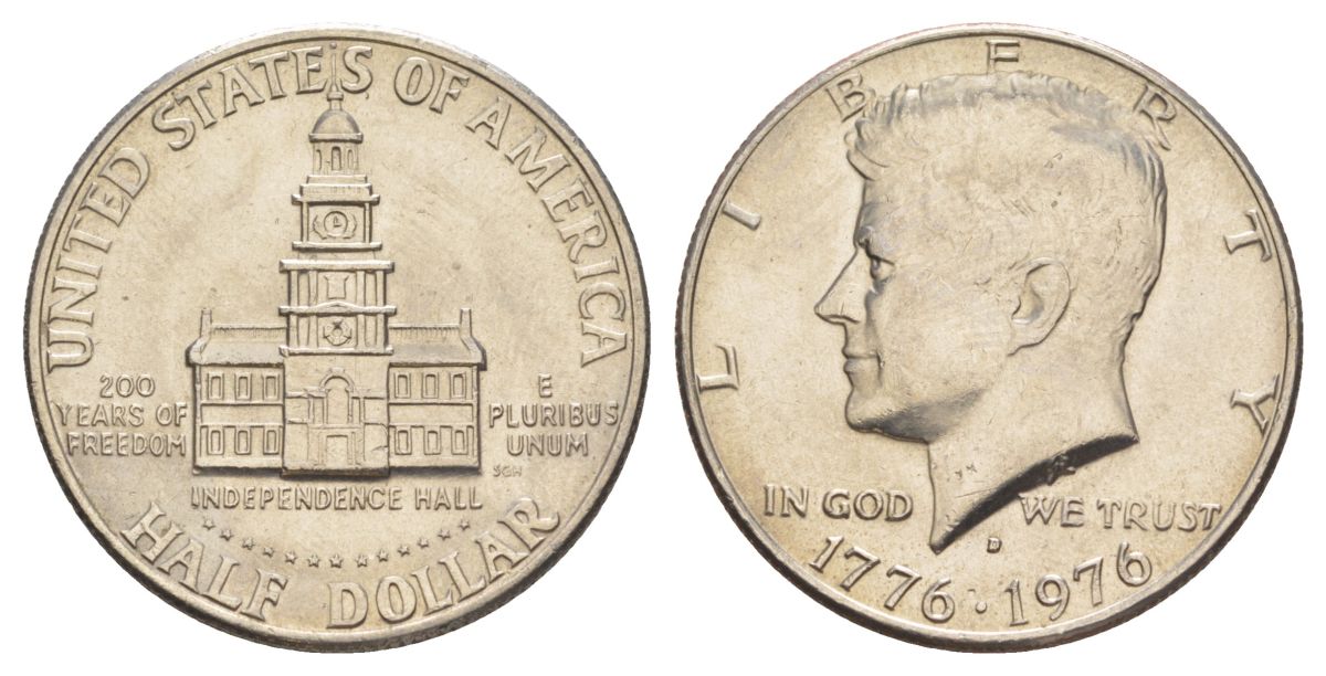 США 1/2 доллара (50 центов) 1976 D, 200 лет независимости, Джон Кеннеди KM 205 медь плакированная медно-никелем aUNC 4545-615