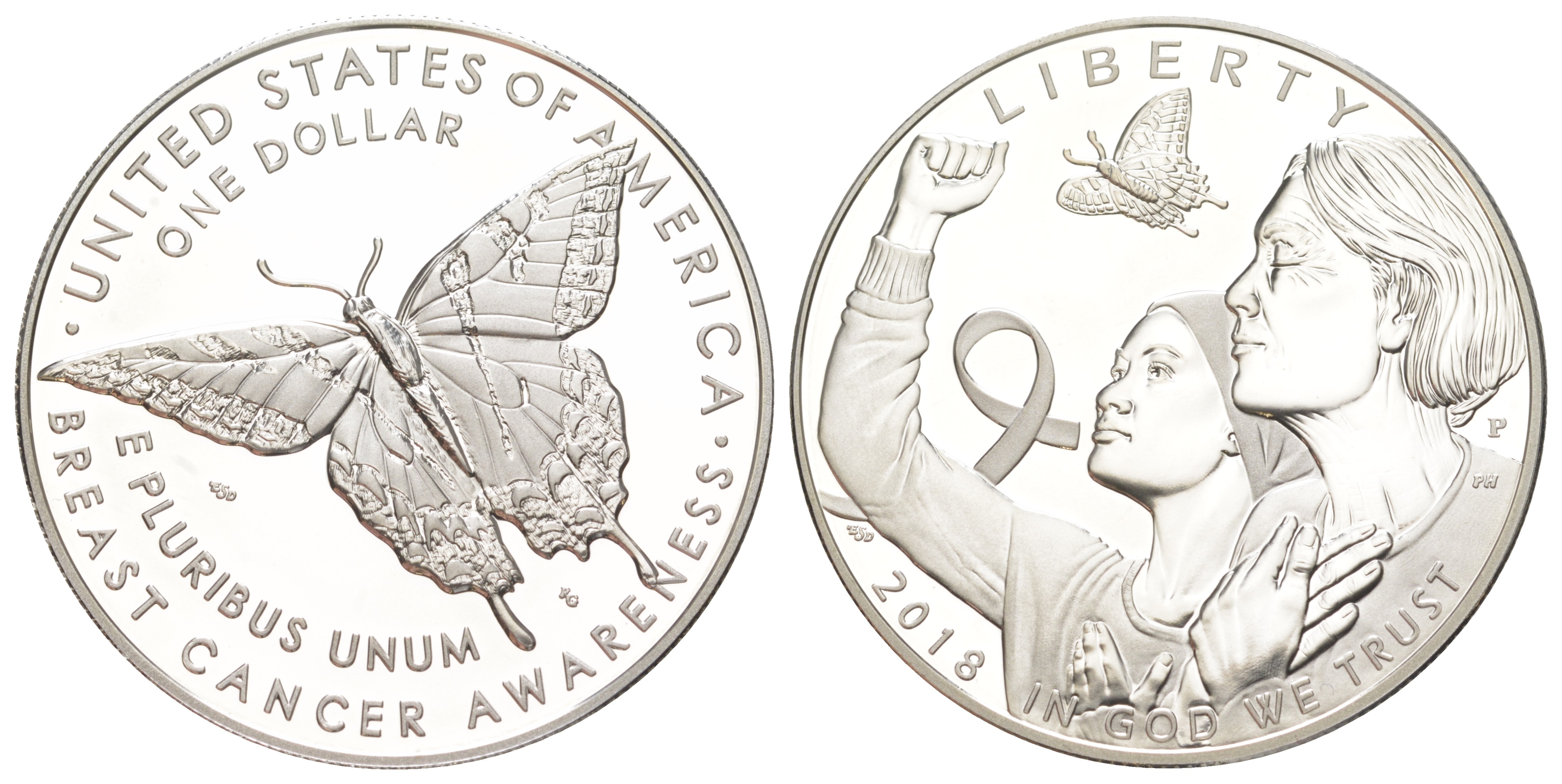 США 1 доллар 2018 P, Осведомленность о раке груди, в оригинальной коробке, с сертификатом KM 681 серебро PROOF 8-2-02-10