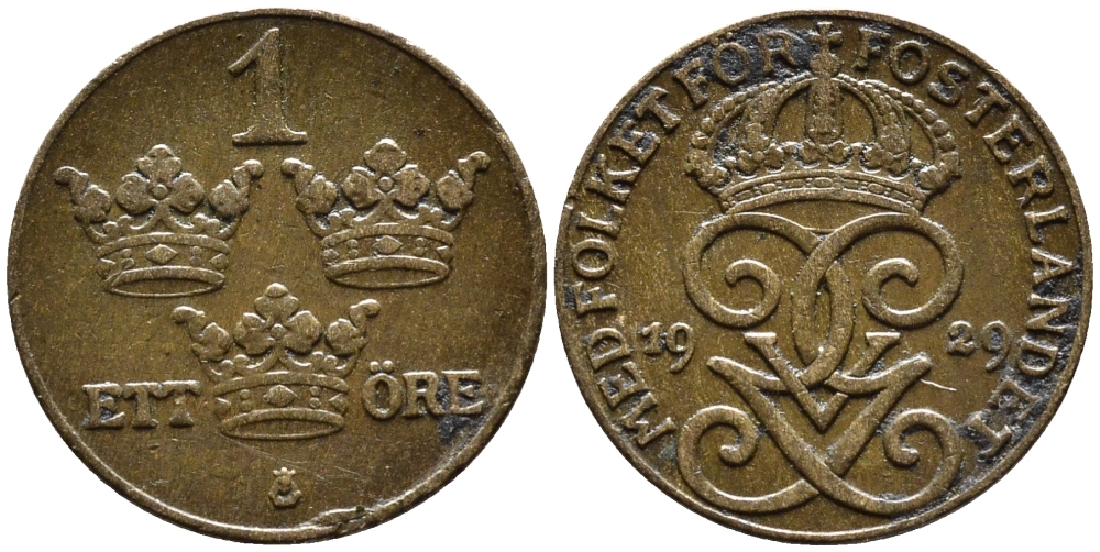 Швеция 1 эре 1929 Густав V (1907-1950) KM 777.2 бронза 4387-1167