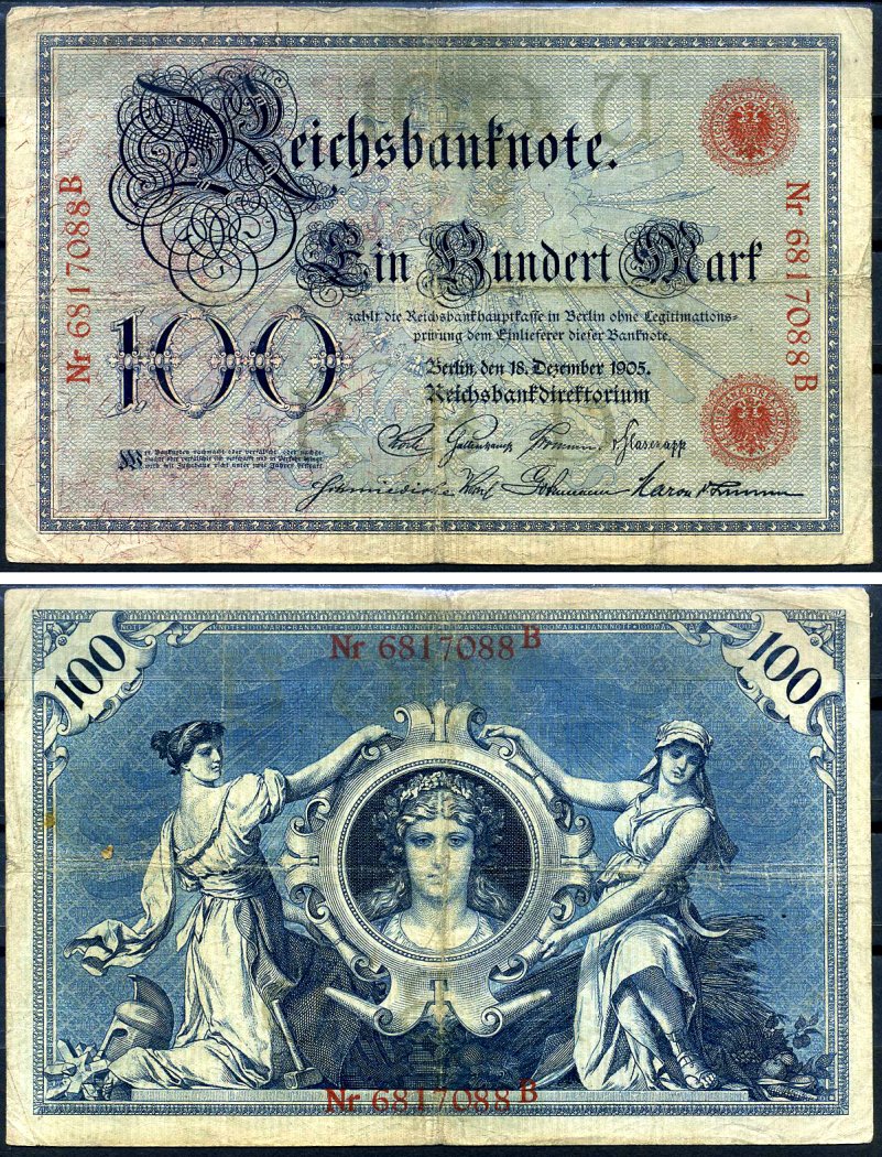 Германия 100 марок 1908 7 февраля 1908, номер 29 мм, серия U, буква B, выпуск конец 1916 - ноябрь 1918, красная печать Pick 33 бумага 8619-27-2-1