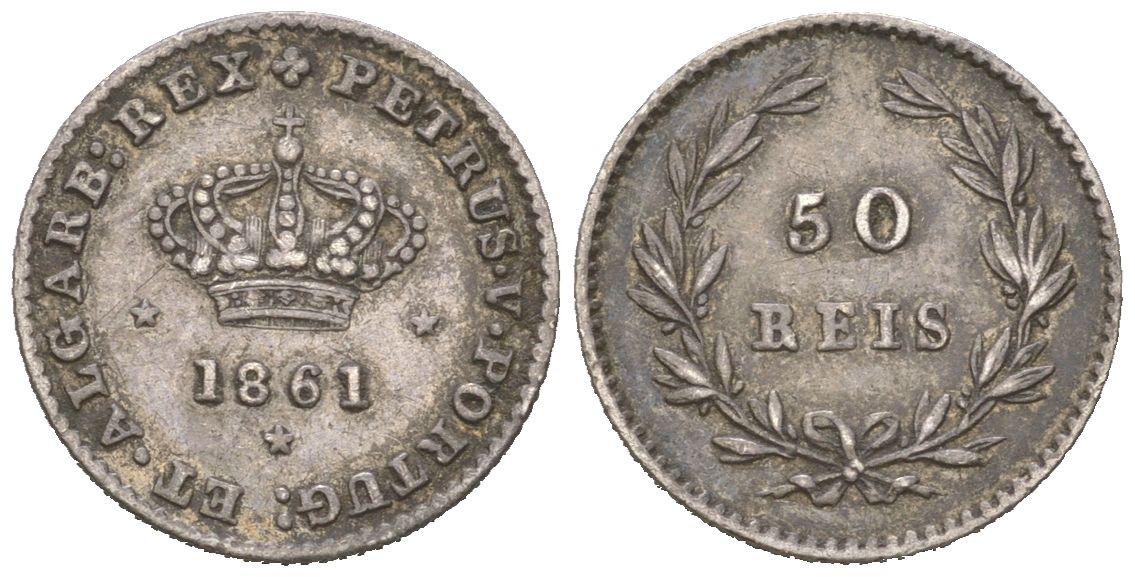 Португалия 50 реалов 1861 Педру V (1853-1861) KM 493 серебро 4611-255