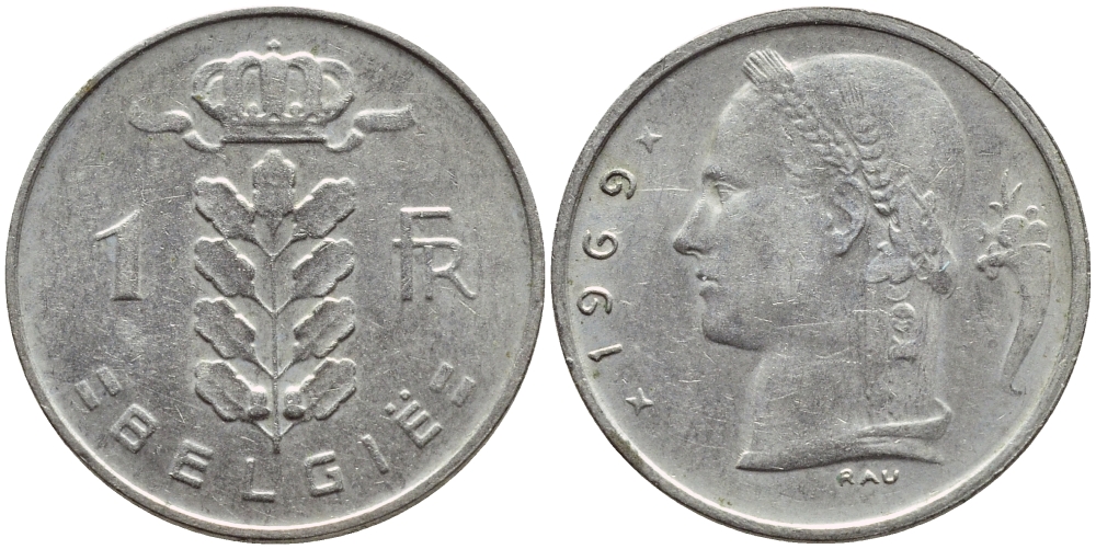 БЕЛЬГИЯ 1 ФРАНК 1969 BELGIE KM 143.1 медно-никель 4395-443