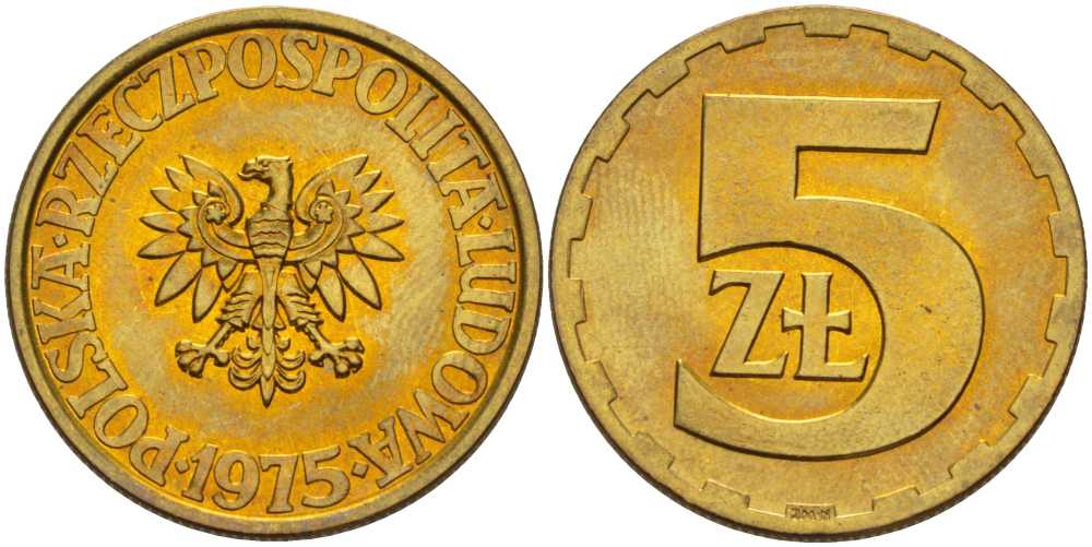 ПОЛЬША 5 ЗЛОТЫХ 1975 ЛЕНИНГРАДСКИЙ МОНДВОР KM 81.1 латунь UNC 89-417