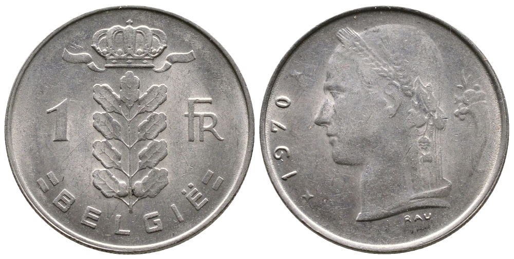 БЕЛЬГИЯ 1 ФРАНК 1970 BELGIE KM 143.1 медно-никель 4382-1141