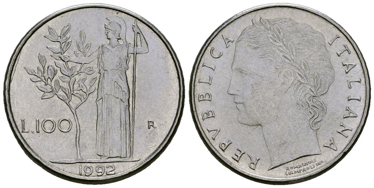 Италия 100 лир 1992 R, Афина у оливкового дерева KM 96.2 нержавеющая сталь 4173-1228