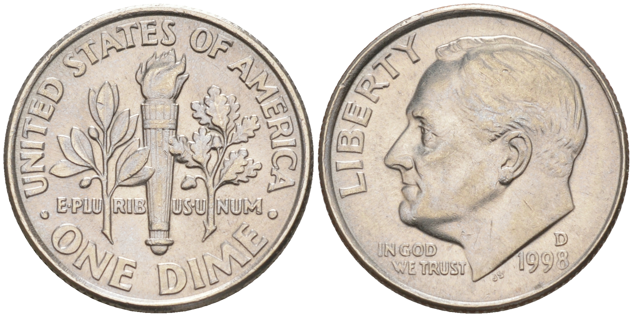 США 10 ЦЕНТОВ = 1 ДАЙМ 1998 D, РУЗВЕЛЬТ KM 195a медь плакированная медно-никелем 188-724