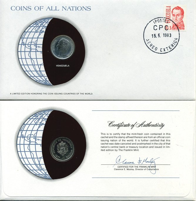 Венесуэла 1 боливар 1977 Симон Боливар, МОНЕТА В КОНВЕРТЕ С МАРКОЙ ПЕРВОГО ДНЯ ГАШЕНИЯ KM 52 никель UNC 4294-43-2