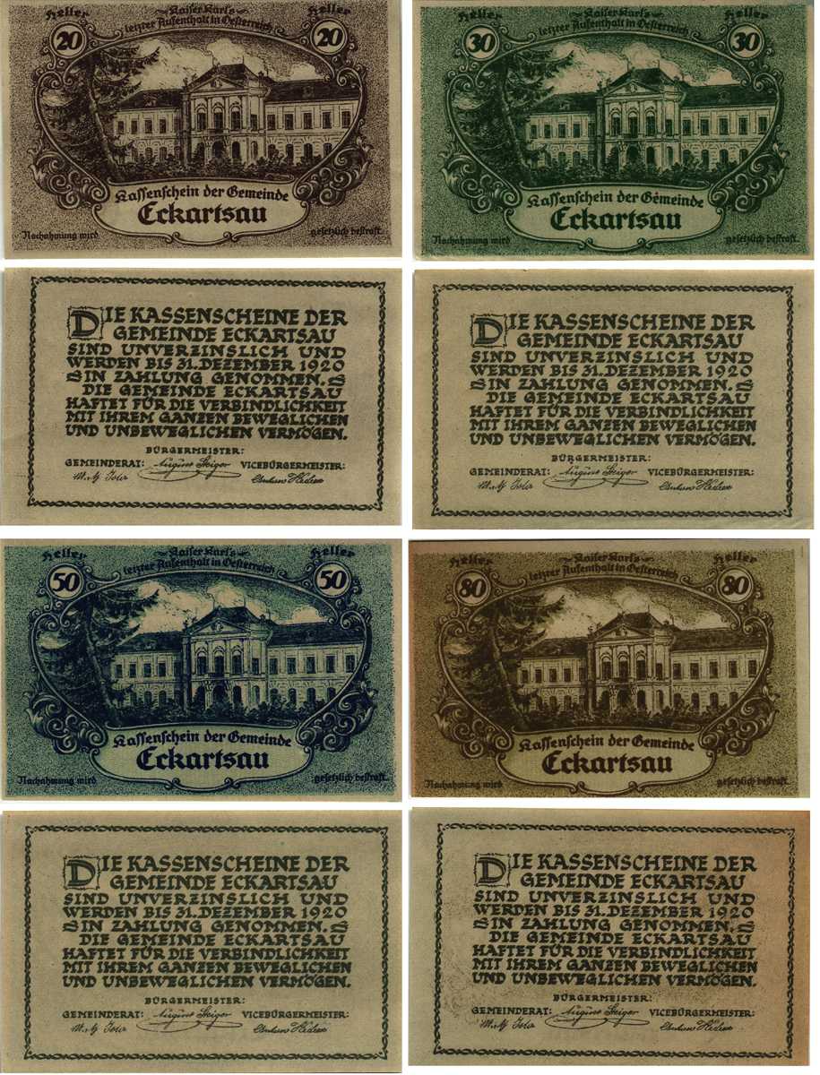 Австрия, Эккартсау набор из 4 банкнот, 20, 30, 50, 80 геллеров 1920 нотгельд, 31 декабря 1920, Нижняя Австрия   бумага   7555-30-4-2