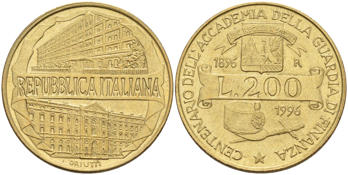 Италия 200 лир 1996 R, 100 лет Академии таможенной службы KM 184 алюминиевая бронза 4126-124
