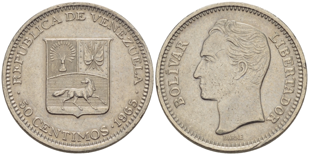 Венесуэла 50 сентимо 1965 Симон Боливар KM 41, Schon 51 никель 66-342