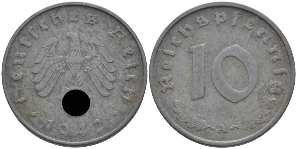 ГЕРМАНИЯ 10 РЕЙХСПФЕННИГОВ 1942 A KM 101, J. 371 цинк 4401-631