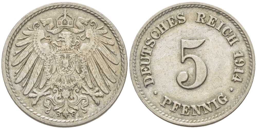 ГЕРМАНИЯ 5 ПФЕННИГОВ 1914 J KM 11, J. 12 медно-никель 105-218