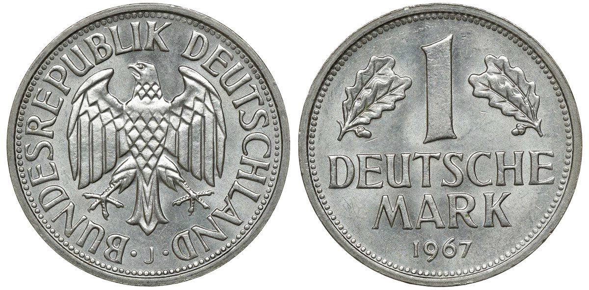 ФРГ 1 марка 1967 J J 385, KM 110 медно-никель aUNC 72-752