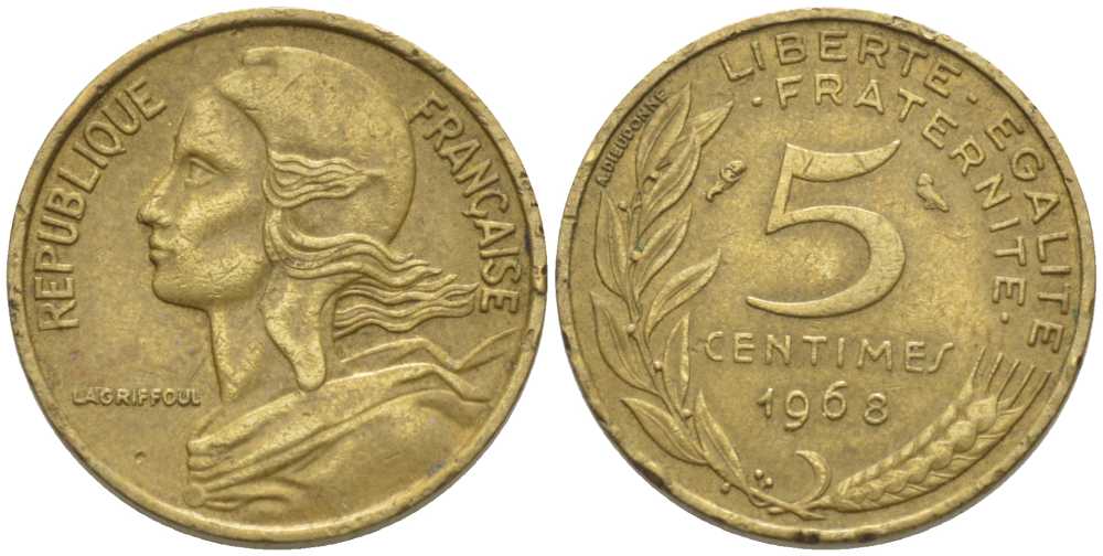 ФРАНЦИЯ 5 САНТИМОВ 1968 ТИП MARIANNE KM 933, LE FRANC 125.4 алюминиевая бронза 116-441