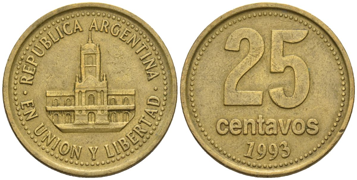 Аргентина 25 сентаво 1993 ратуша Буэнос-Айреса KM 110, CJ 4.2.1, Schon 111 алюминиевая бронза    60-437