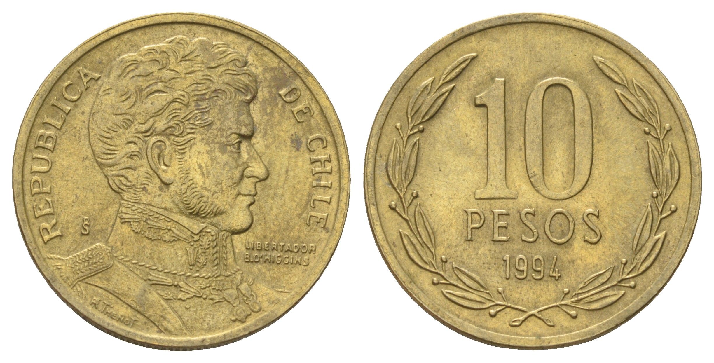 Чили 10 песо 1994 KM 228 никель латунь UNC 4155-324