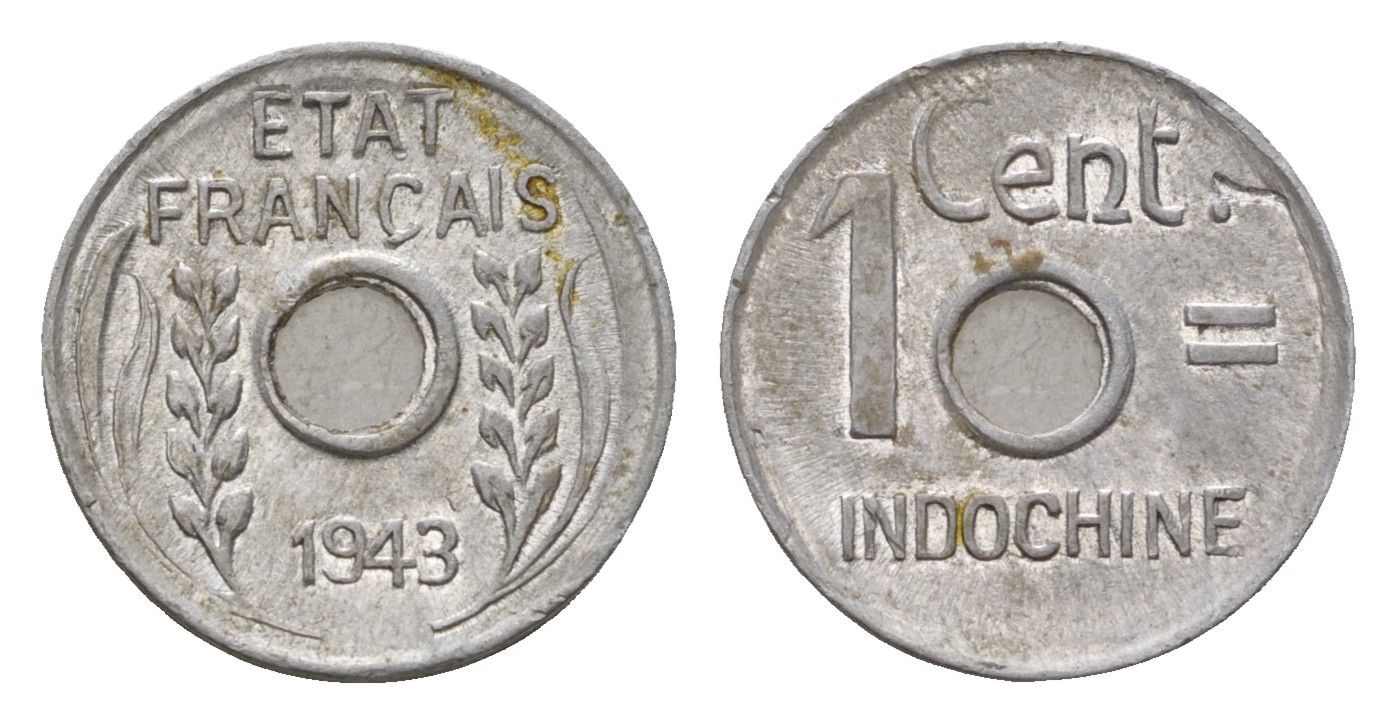 Французский Индокитай 1 сантим 1943 год-тип KM 26 алюминий 4147-953