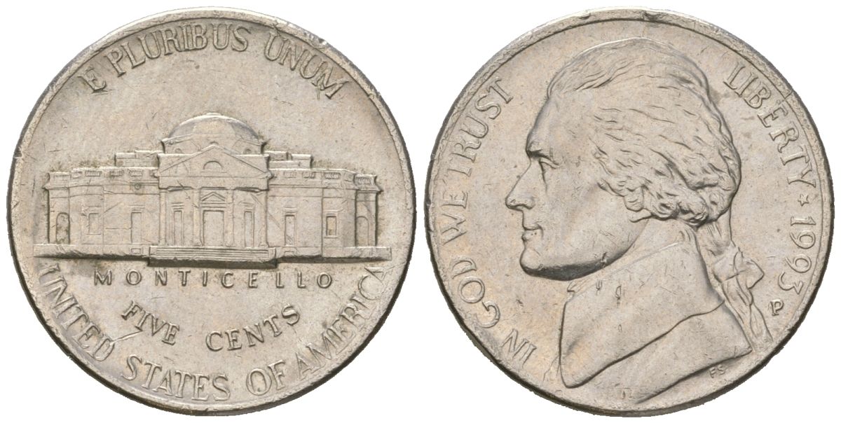 США 5 центов 1993 P, Томас Джефферсон KM A192 медно-никель aUNC 216-455