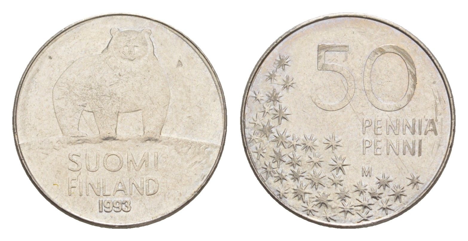 Финляндия 50 пенни 1993 M, полярный медведь KM 66 медно-никель 4647-368