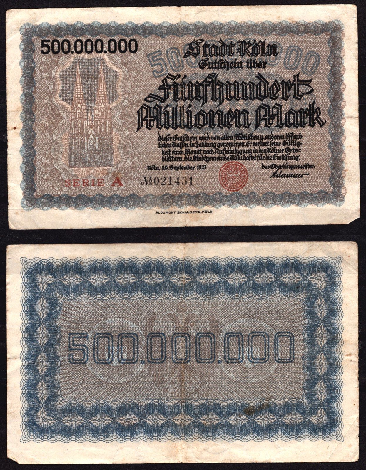Германия, Кельн 500000000 марок 1925 серия A бумага 6289-38-2-1