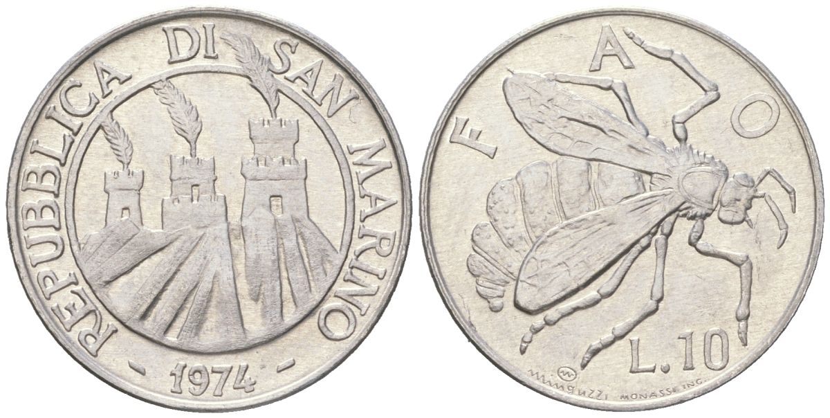 Сан-Марино 10 лир 1974 ФАО, пчела KM 33 алюминий aUNC 4119-315