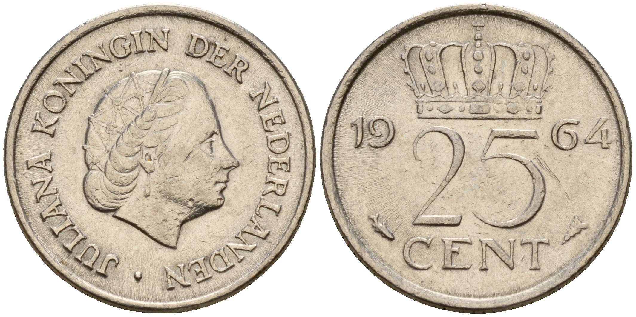 Нидерланды 25 центов 1964 Юлиана (1949-1980) KM 183 никель    4598-423