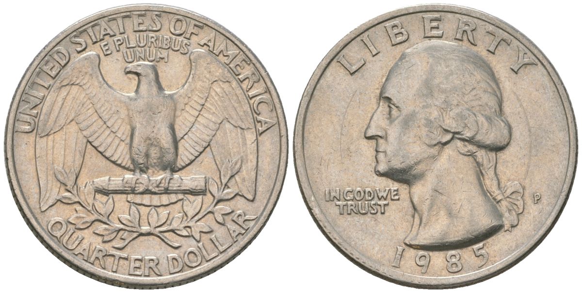 США 25 центов = квотер 1985 P, Вашингтон KM 164a медь плакированная медно-никелем 4595-955