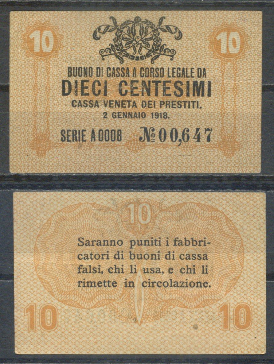 Италия 10 чентезимо 1918 Венецианский ссудный банк Pick M2 бумага 7554-21-3-1