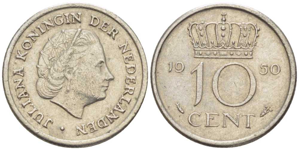НИДЕРЛАНДЫ 10 ЦЕНТОВ 1950 ЮЛИАНА (1948-1980) KM 182 никель 214-1138