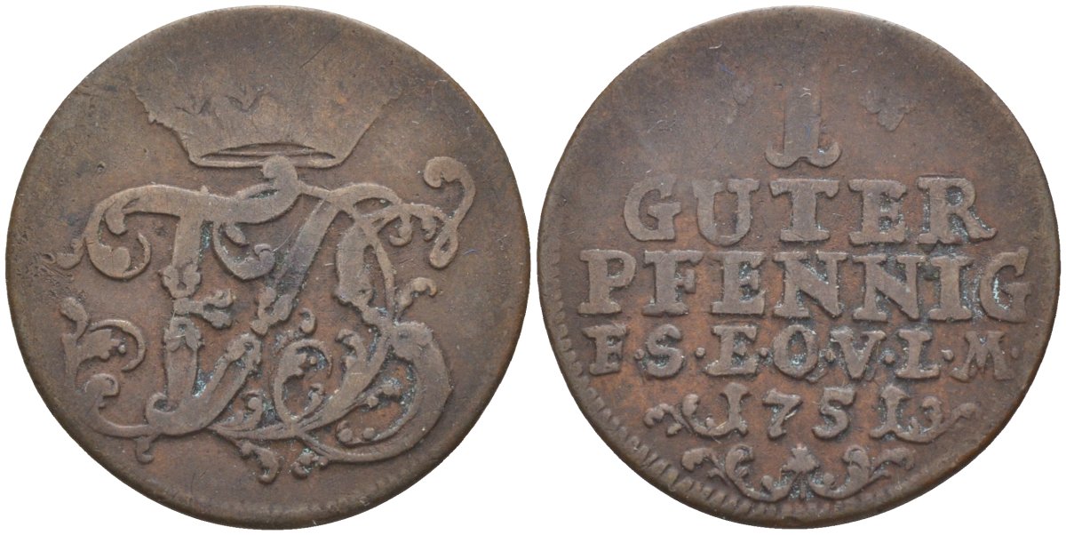 Саксен-Веймар-Эйзенах 1 пфенниг 1751 Фридрих III Гота-Альтенбургский (1749-1755) KM 2, Koppe 515, Slg. Merseburger 4121 медь 4383-463
