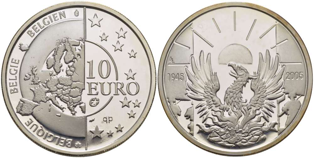 Бельгия 10 евро 2005 60 лет освобождения от фашизма KM 252 серебро PROOF 02-040-33