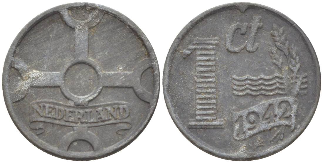 НИДЕРЛАНДЫ 1 ЦЕНТ 1942 ВИЛЬГЕЛЬМИНА I (1891-1948), ГЕРМАНСКАЯ ОККУПАЦИЯ, ВТОРАЯ МИРОВАЯ ВОЙНА KM 170 цинк 4532-1132