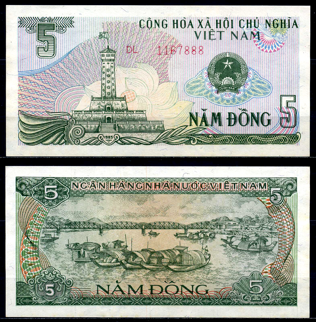 Вьетнам 5 донгов 1985 Ханойская башня Pick 92a бумага UNC (пресс) 446-18-3