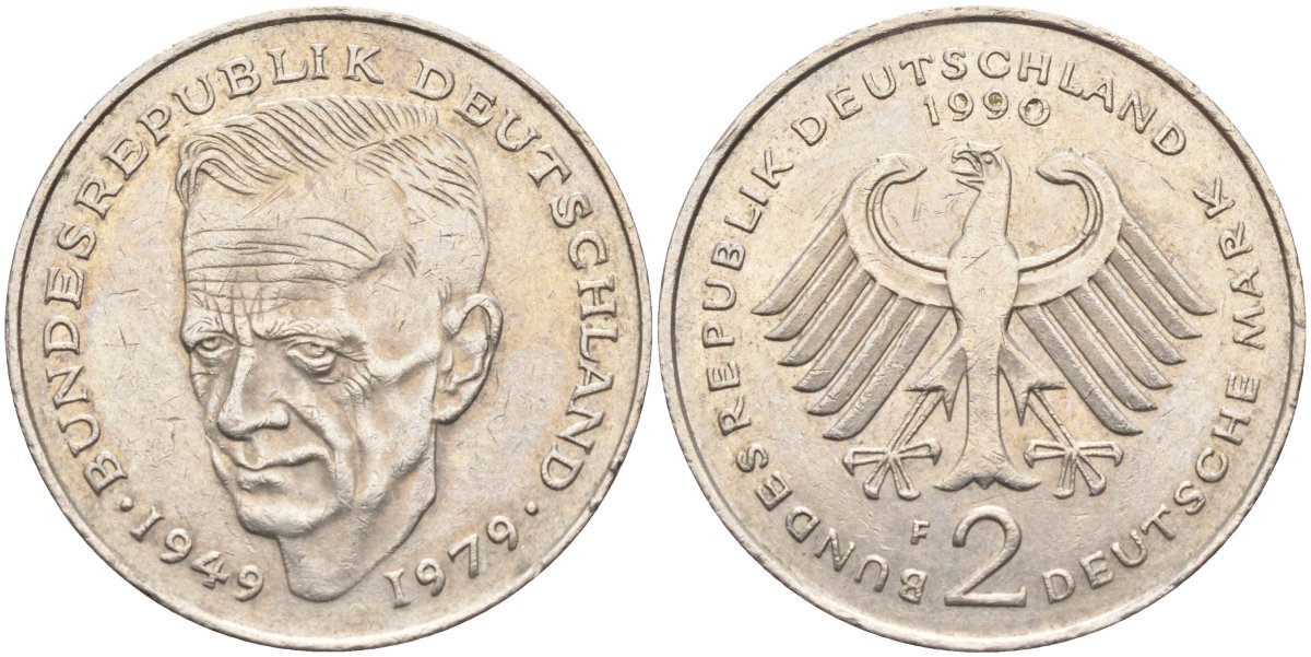 ФРГ 2 марки 1990 F, Курт Шумахер, 30 лет Федеративной Республике (1949-1979) KM 149, J. 424 медно-никель 4139-135