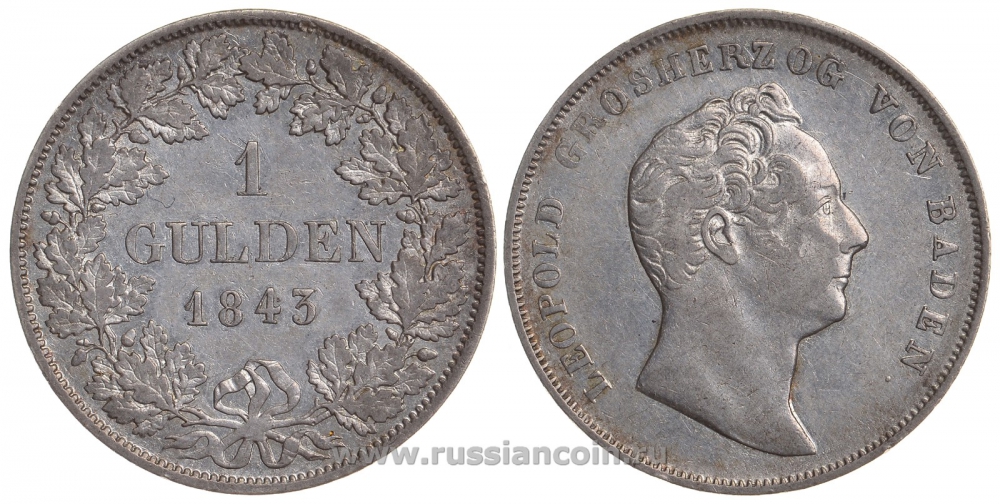 Баден 1 гульден 1843 Леопольд I (1830-1852) J. 56, AKS 94, KM 214 серебро UNC 00-813-31