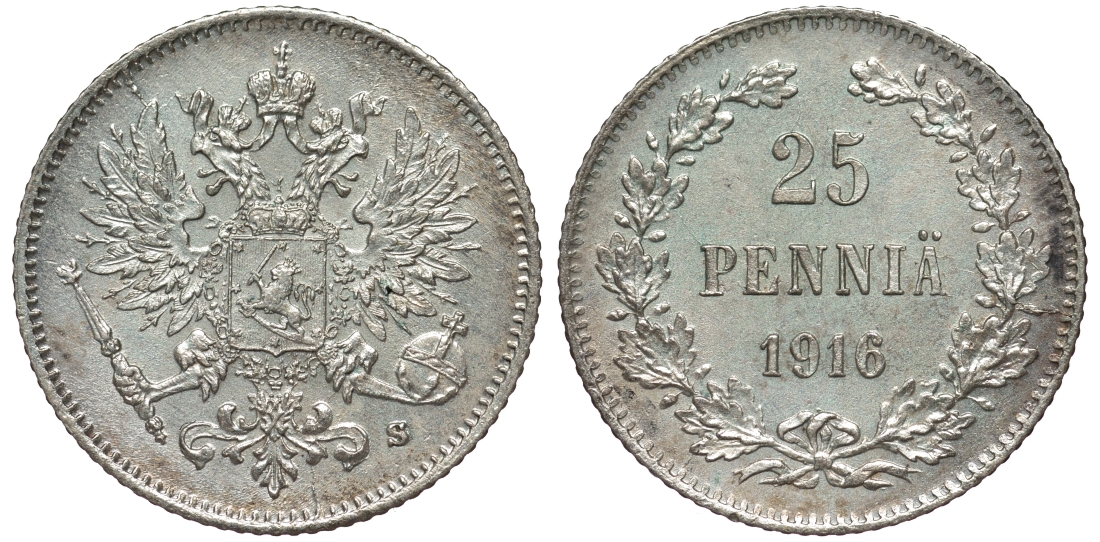 Россия для Финляндии 25 пенни 1916 S, Николай II (1894-1917) KM 6.2, Биткин 421 серебро 75-1315